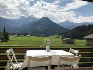 A table with a vase of flowers, two chairs, and a view of mountains and a green field. - Burgbüel # 1 Appartement/Fewo, Dusche oder Bad, WC, 4 oder mehr Schlafräume by Interhome (Lenk)