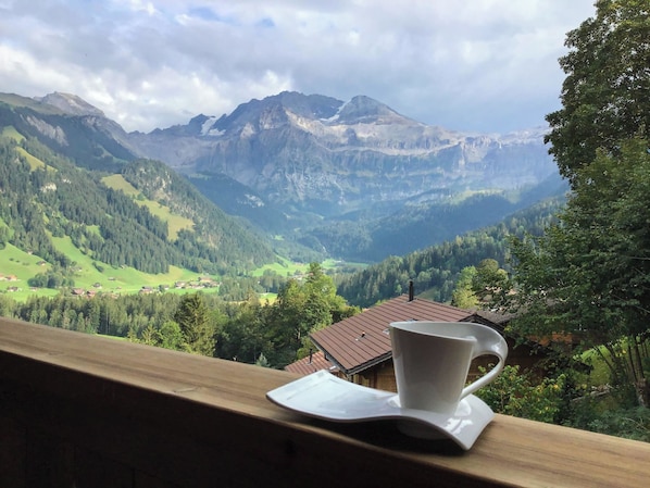 Vista de uma paisagem montanhosa com varanda de madeira e uma xícara branca em um pires.