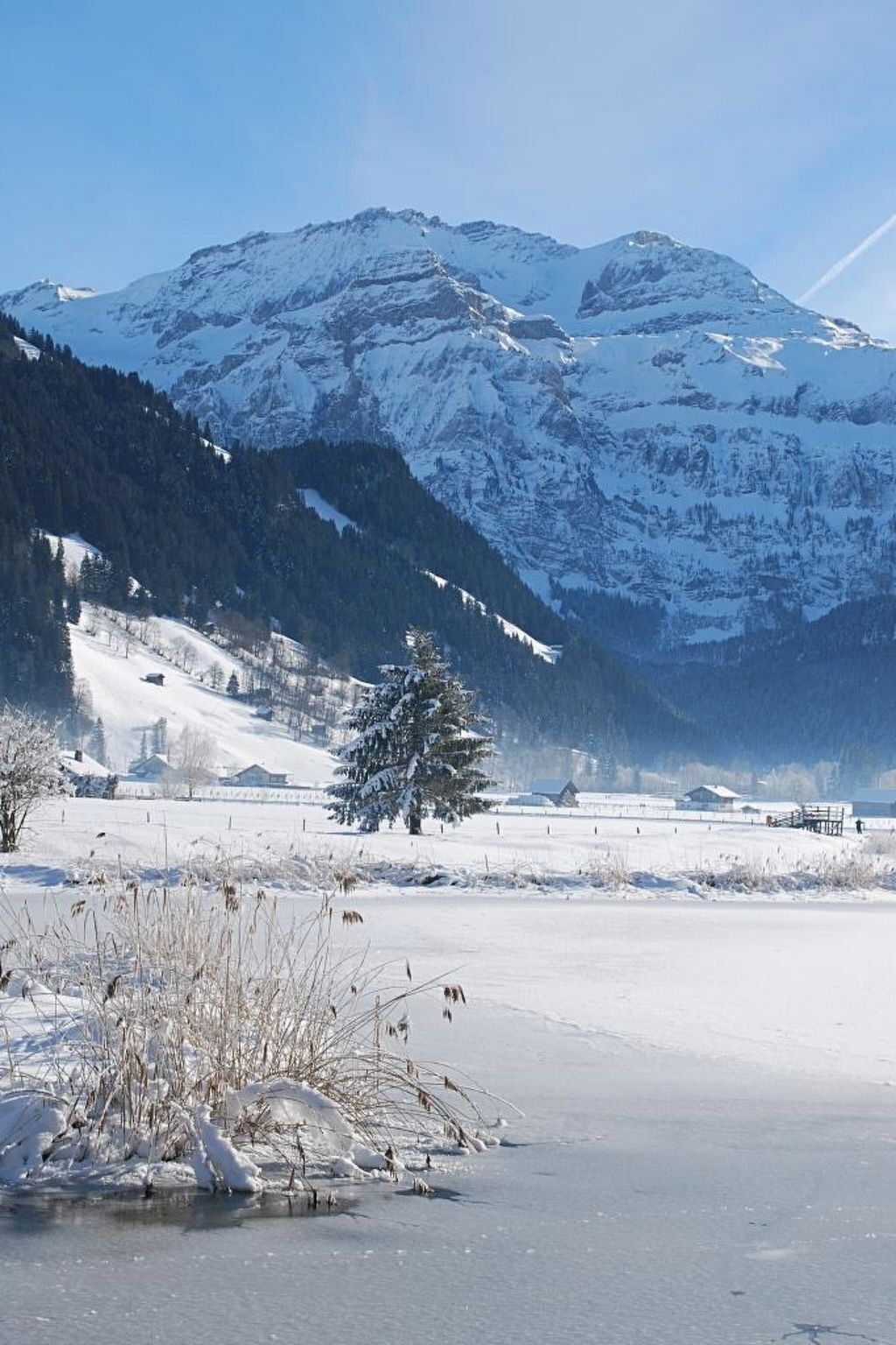 Schneebedeckte Landschaft mit Bergen im Hintergrund und einer zugefrorenen Wasserfläche im Vordergrund.