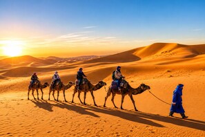 A desert landscape with sand dunes and a sunset. - Sara Luxury Camp (Merzouga)