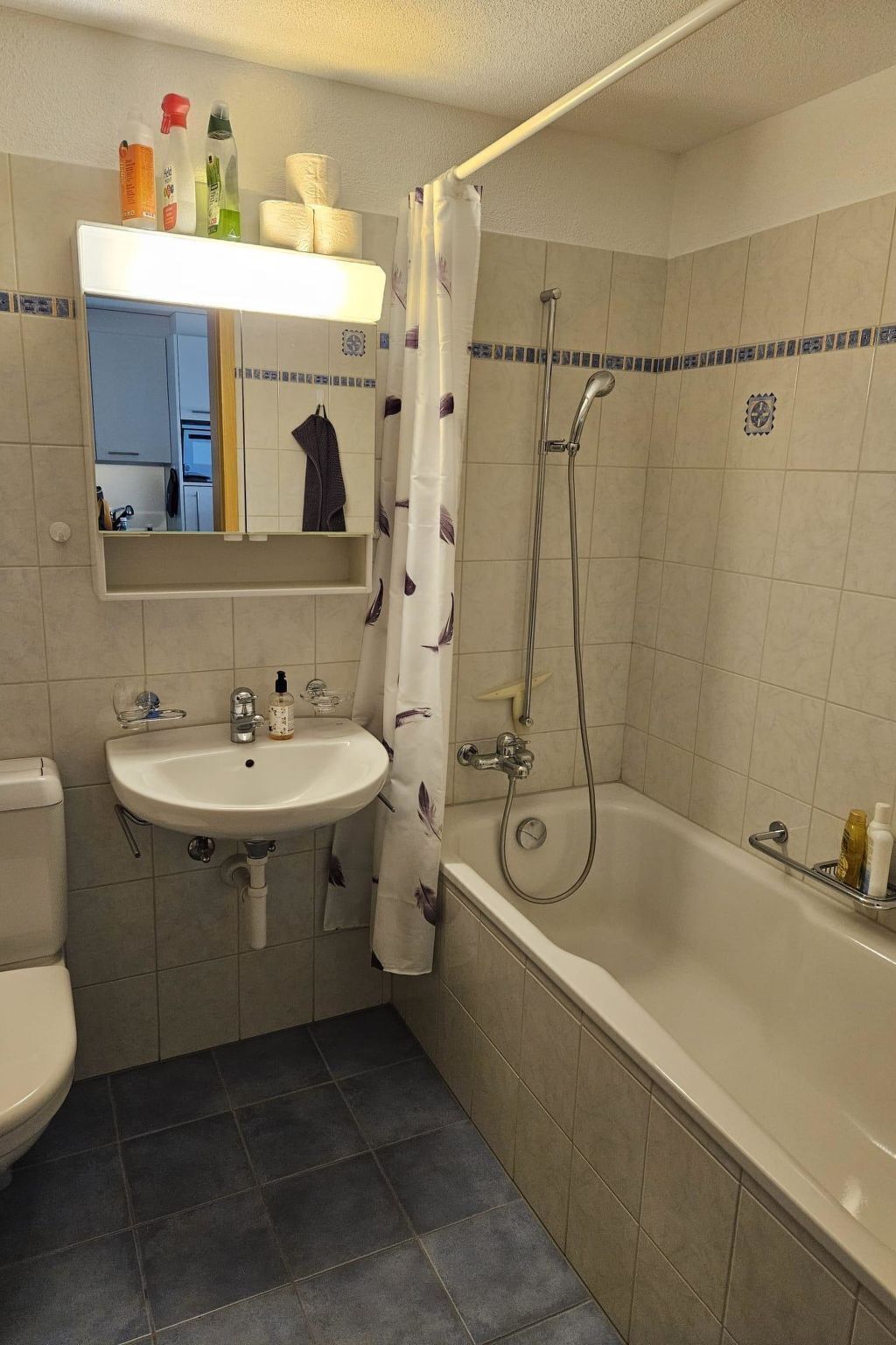 Ein Badezimmer mit Waschbecken, Toilette, Dusche und einem Spiegel über dem Waschbecken.
