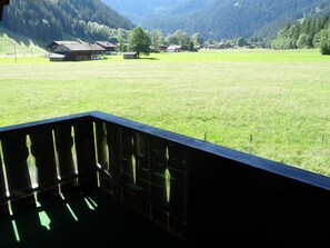 Blick von einem Balkon mit Geländer auf ein grünes Feld und Häuser in der Ferne.