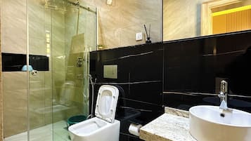 A modern bathroom with a glass shower enclosure, a toilet, a sink, and a mirror.