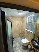 Casa de banho com chuveiro, sanita, lavatório e espelho.