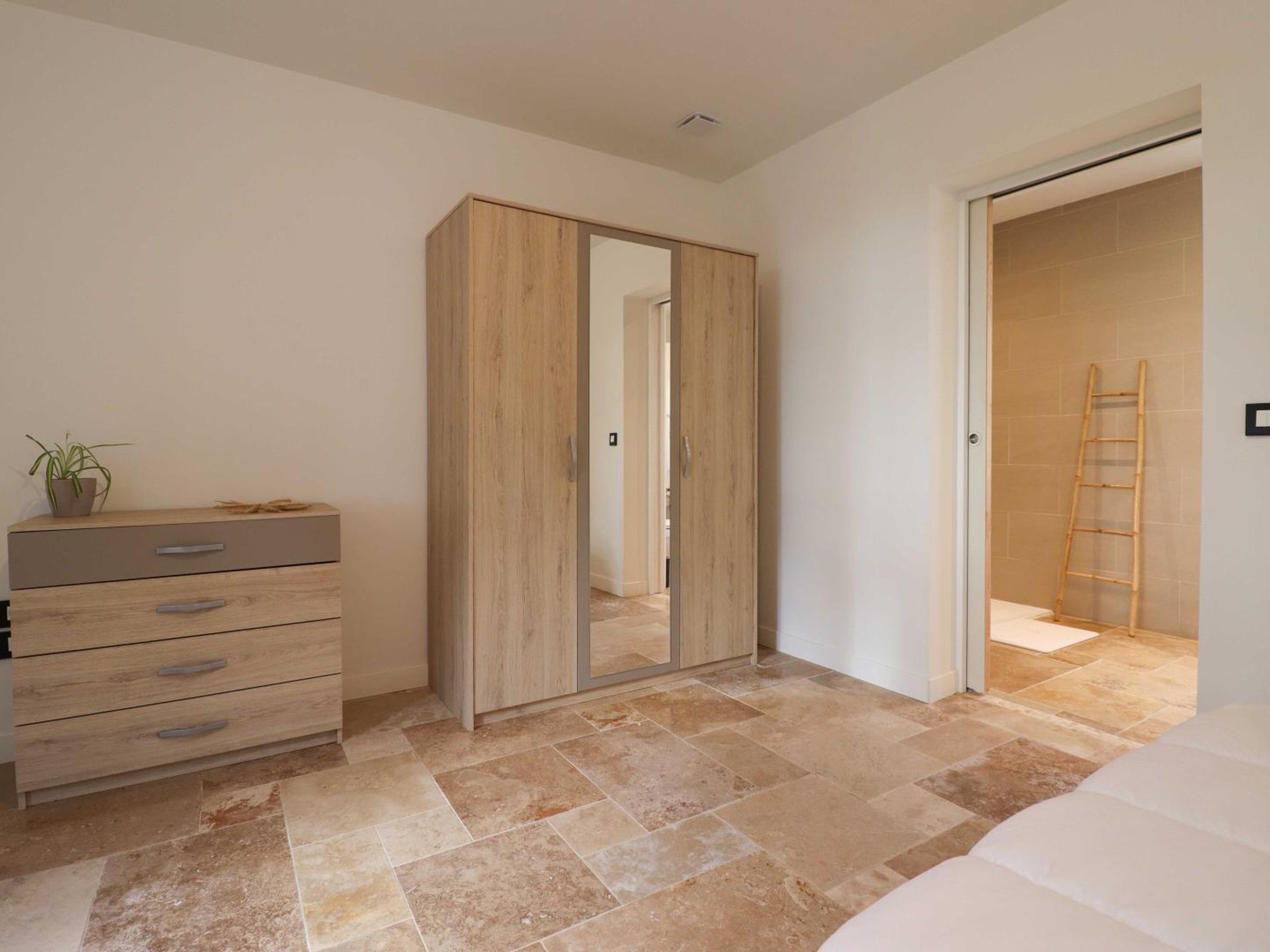 Une chambre à coucher avec une armoire, une table de chevet agrémentée d’une plante, un lit et une salle de bain avec une douche et une échelle.