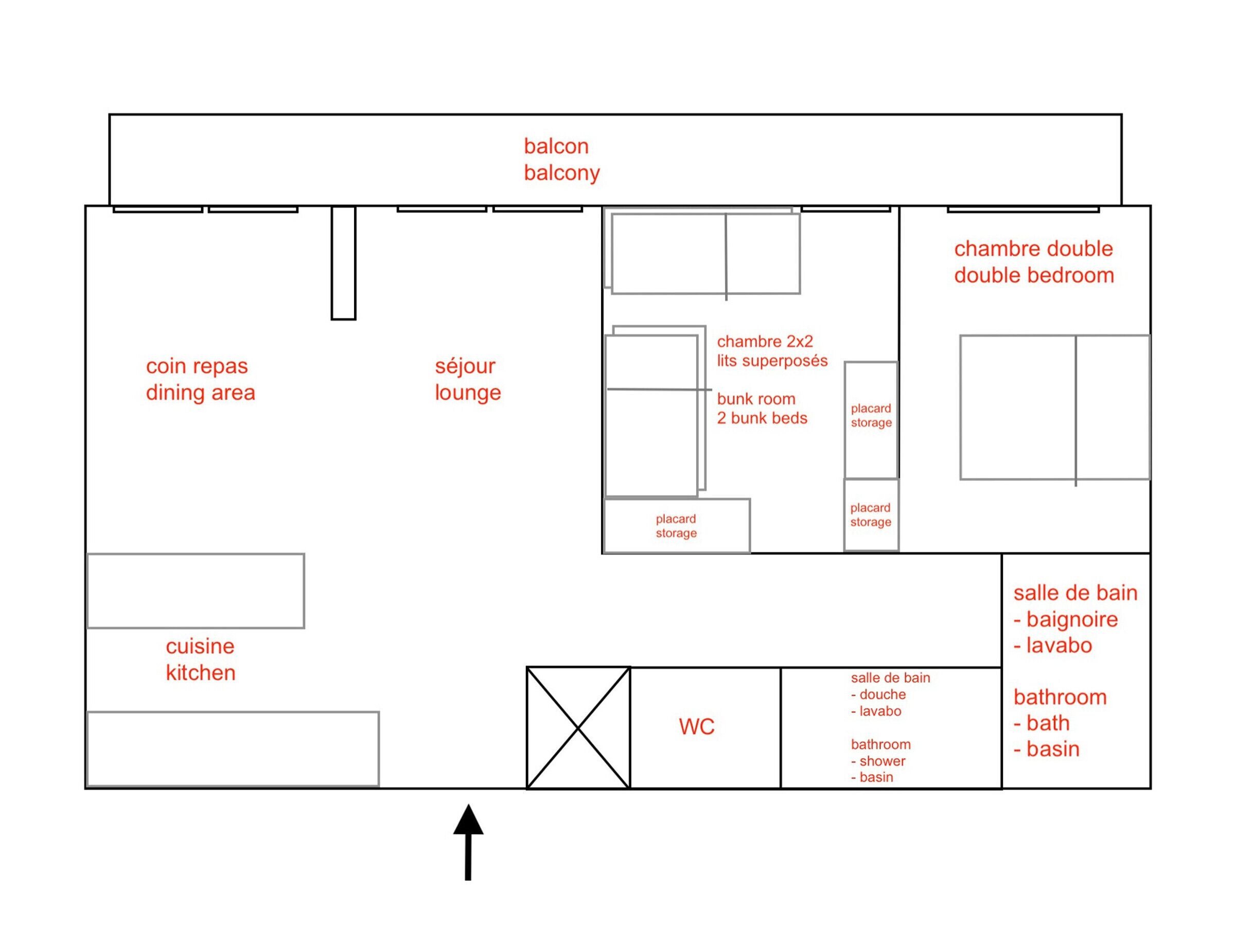 A hotel floor plan with a balcony, dining area, lounge, kitchen, WC, and bathroom.