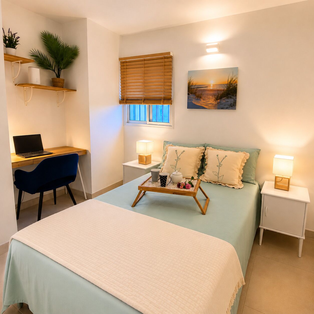 Ein Schlafzimmer mit Bett, Schreibtisch mit Laptop, Stuhl, Nachttische mit Lampen, Fenster mit Jalousien und an der Wand befestigten Regalen mit Pflanzen.