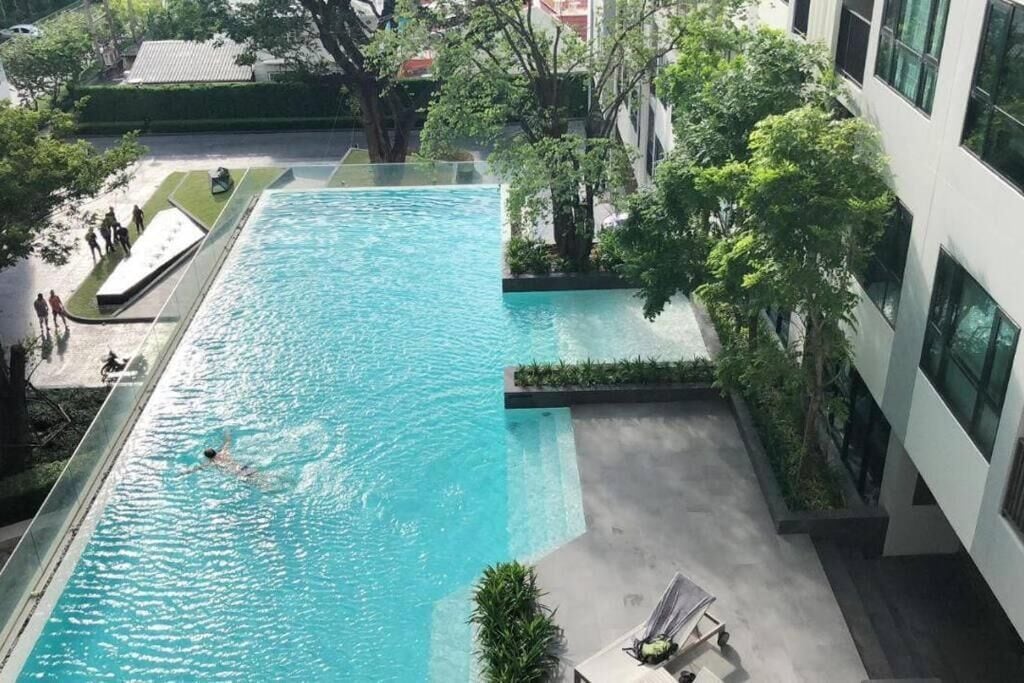 A swimming pool with a person swimming, surrounded by greenery and a building.