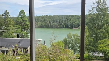 A view from a window overlooking a lake with a forested area and a building with a dark roof.