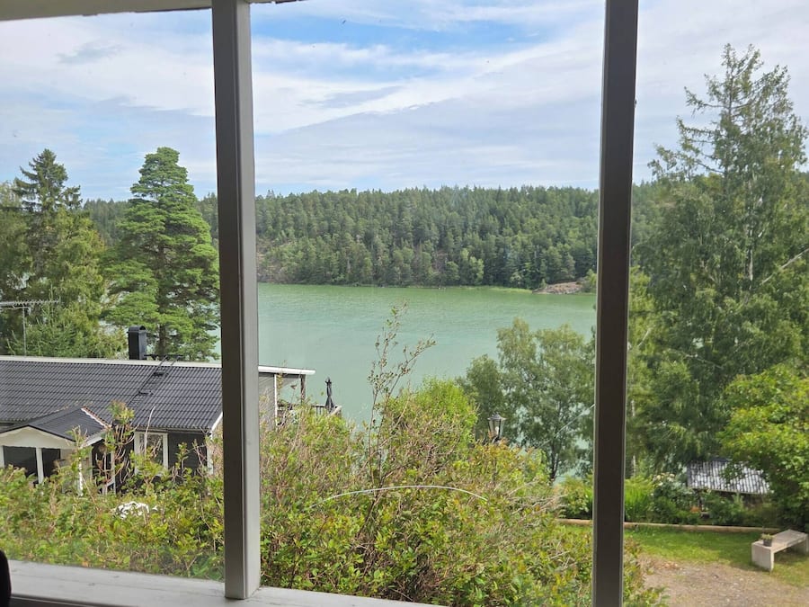 Une vue depuis une fenêtre donnant sur un lac, avec une zone boisée et un bâtiment doté d’un toit sombre.