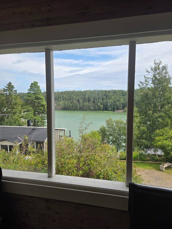 A view from a window overlooking a lake with a forested area and a building with a dark roof.