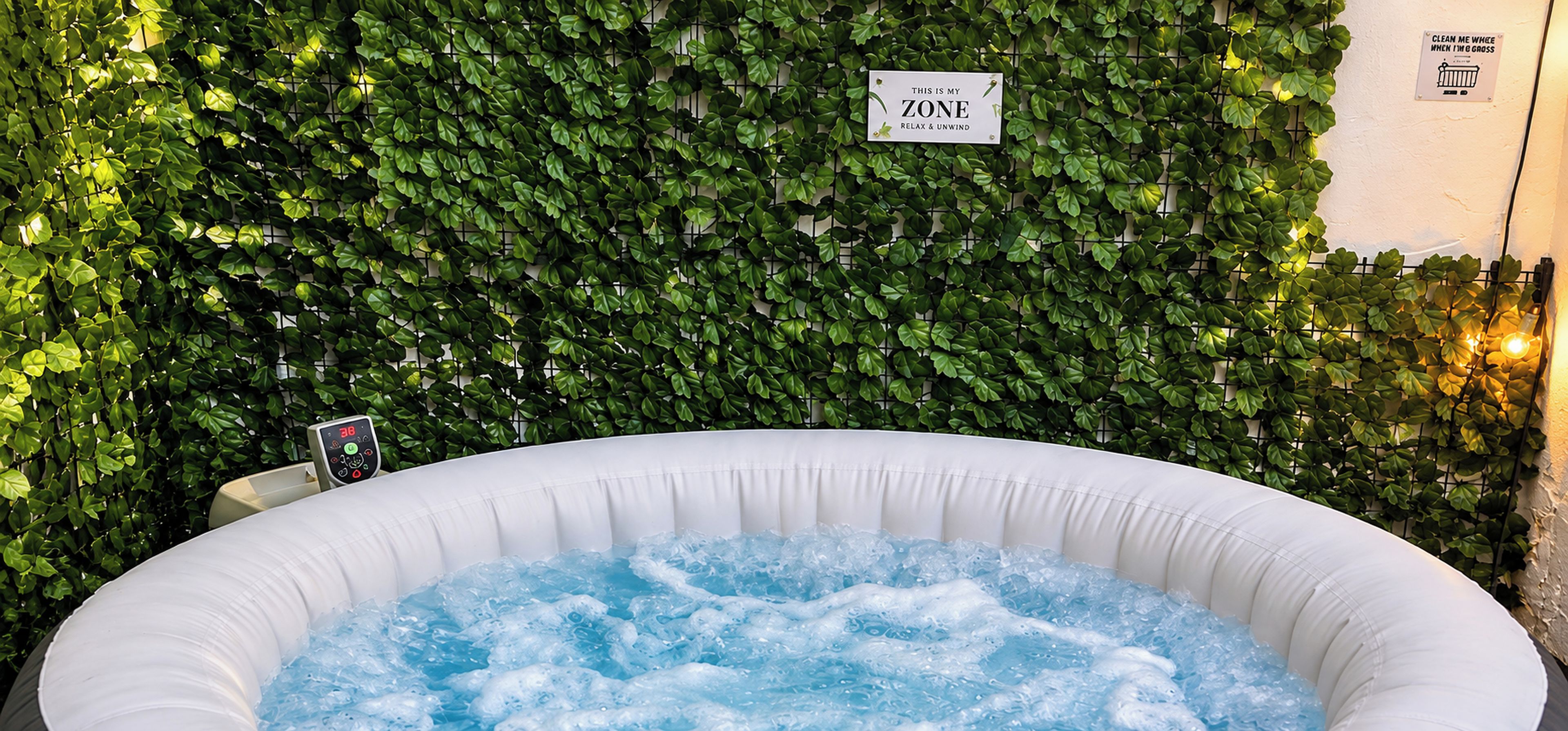 A hot tub with a green leafy wall behind it, a sign indicating a 'zone' for relaxation, and a thermostat on the side.