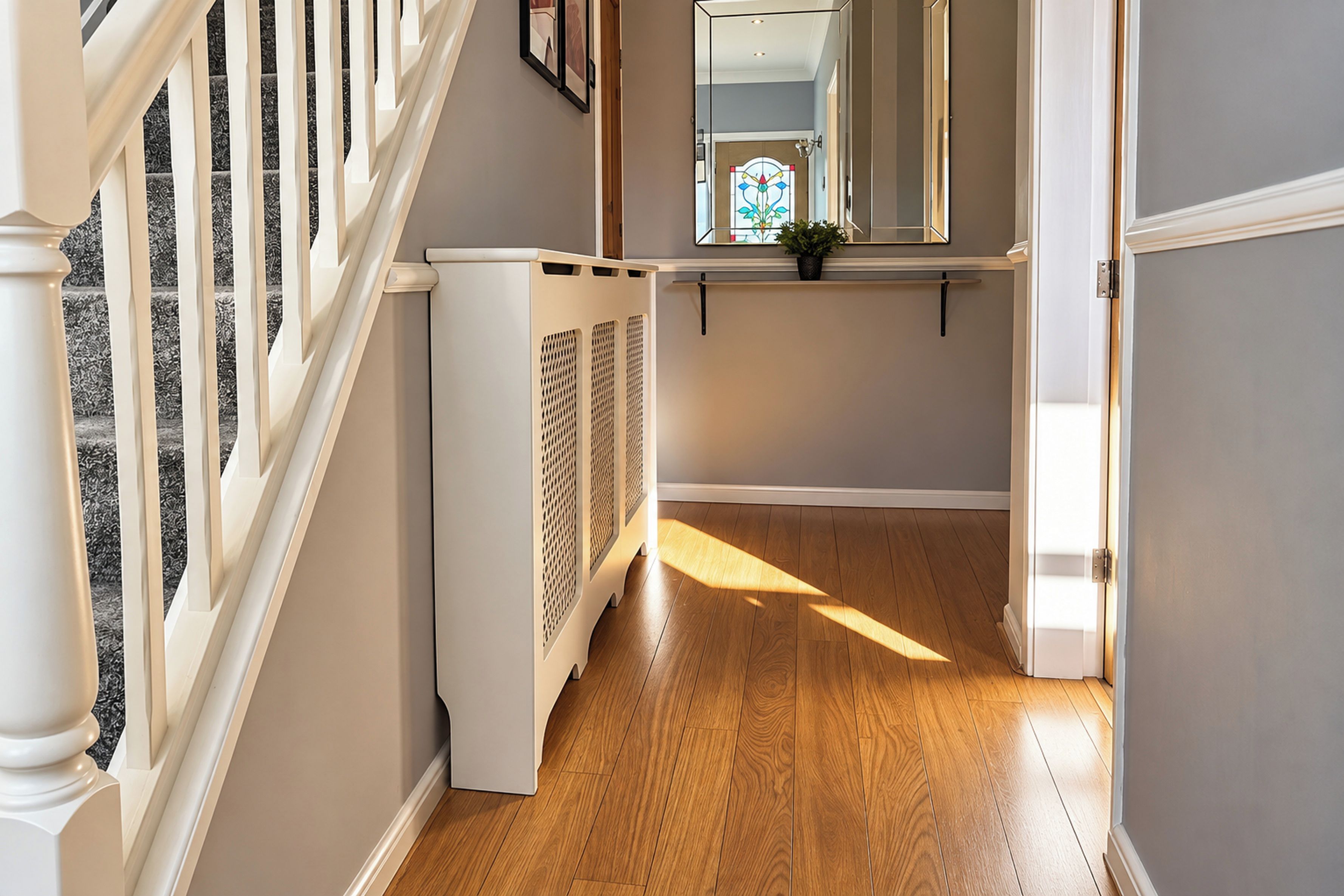 A hallway with a wooden floor, white walls, and a staircase with white railings.