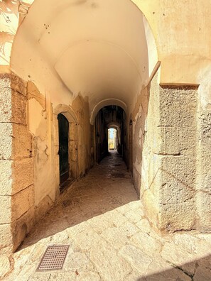 A corridor with stone walls and an arched ceiling, leading to a distant doorway.