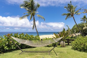 A hammock in a grassy area with a view of the ocean and palm trees. - Hale Pua Male at Ke Iki Beach (Haleiwa)