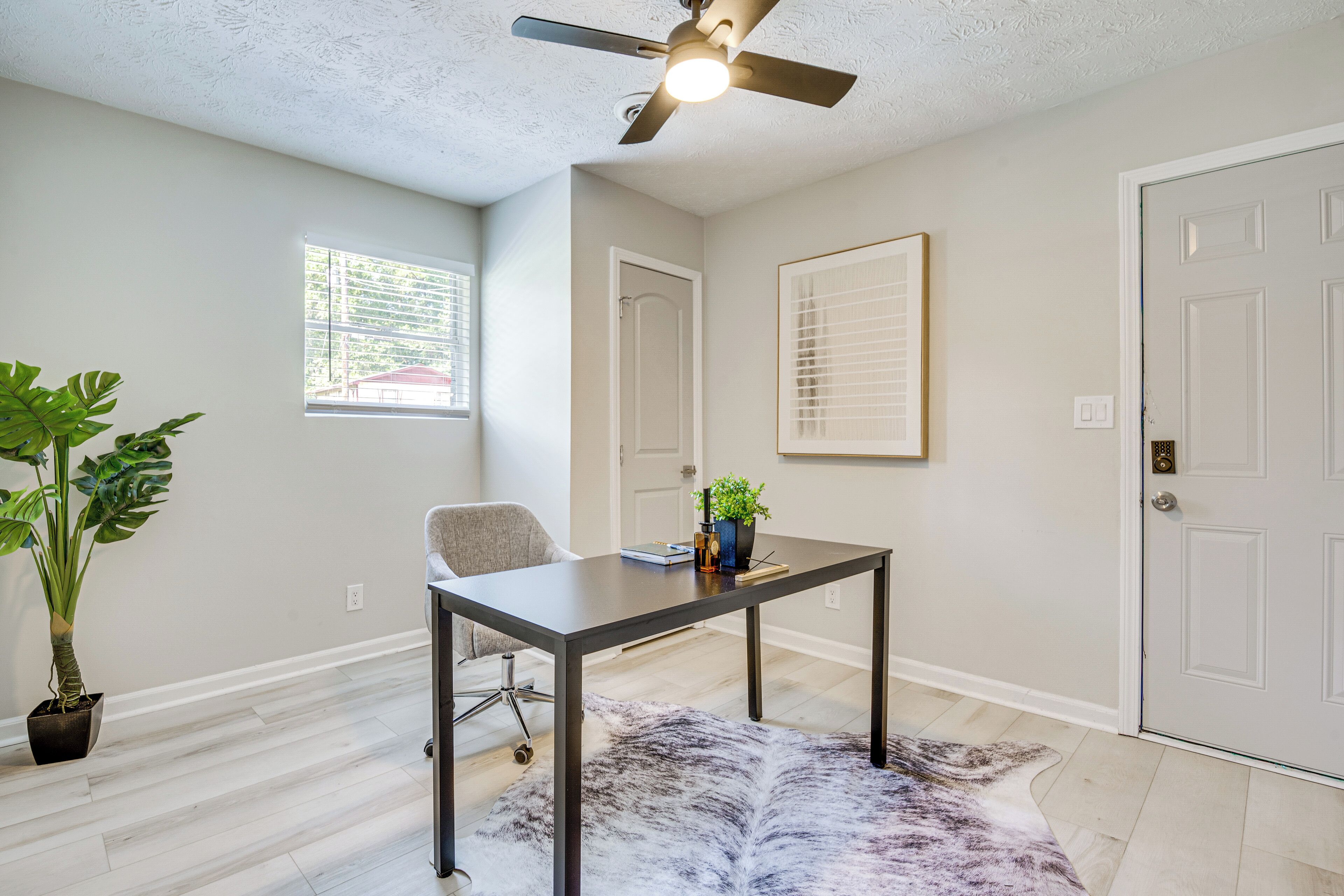A room with a ceiling fan, a window with blinds, a door, a framed picture on the wall, a table with a plant, and a potted plant.