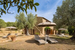A stone building with a rustic exterior, surrounded by olive trees and equipped with outdoor seating and umbrellas. - Lovely apartment for 4 guests with WIFI, A/C, patio and pets allowed (Campiglia Marittima)