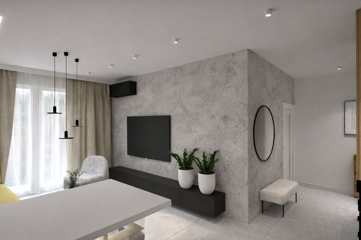 A modern living room with a white sofa, a dining table, pendant lights, a mounted TV, and potted plants.