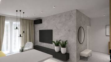 A modern living room with a white sofa, a dining table, pendant lights, a mounted TV, and potted plants.