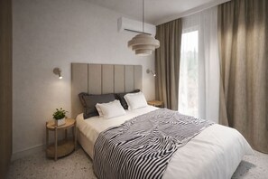 A modern bedroom with a large bed, bedside tables, a hanging light fixture, and a window with curtains. - Margarita by Kairos Apartments (Gliwice)
