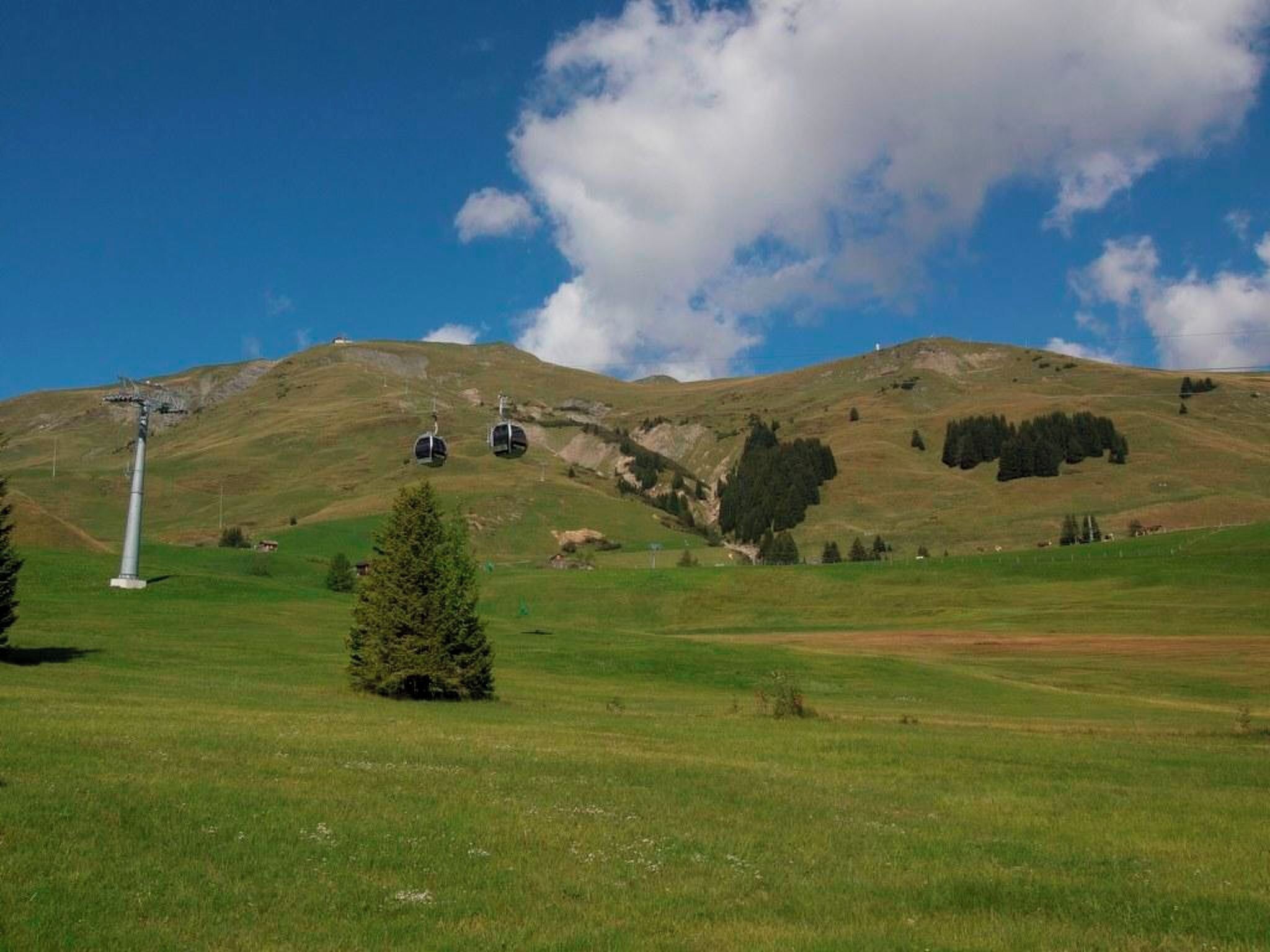 Un paysage montagneux doté d’un téléphérique, avec un premier plan verdoyant et un ciel dégagé.