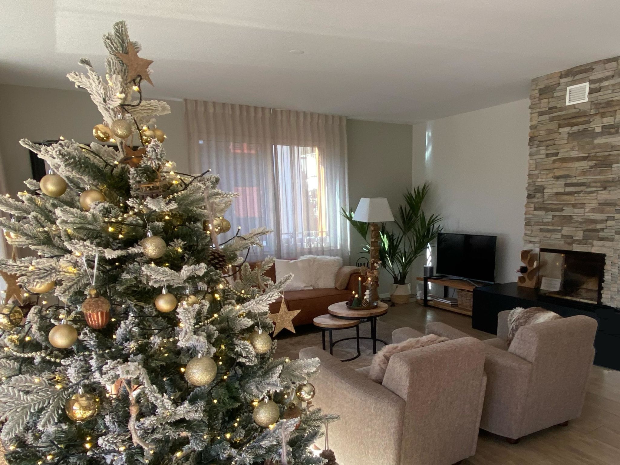Ein Wohnzimmer mit Weihnachtsbaum, Sofa, Couchtisch und Kamin.