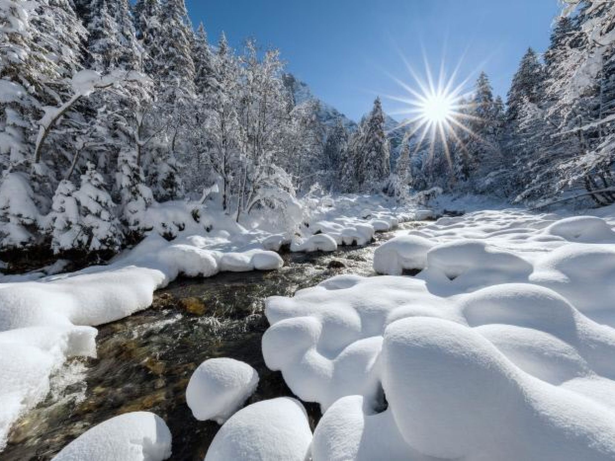 Un paysage enneigé avec une rivière, des arbres et un ciel dégagé.
