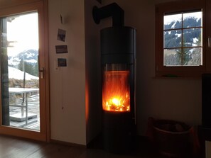 En brændeovn med glaslåge, et spisebord og et vindue med udsigt til sneklædte bjerge.