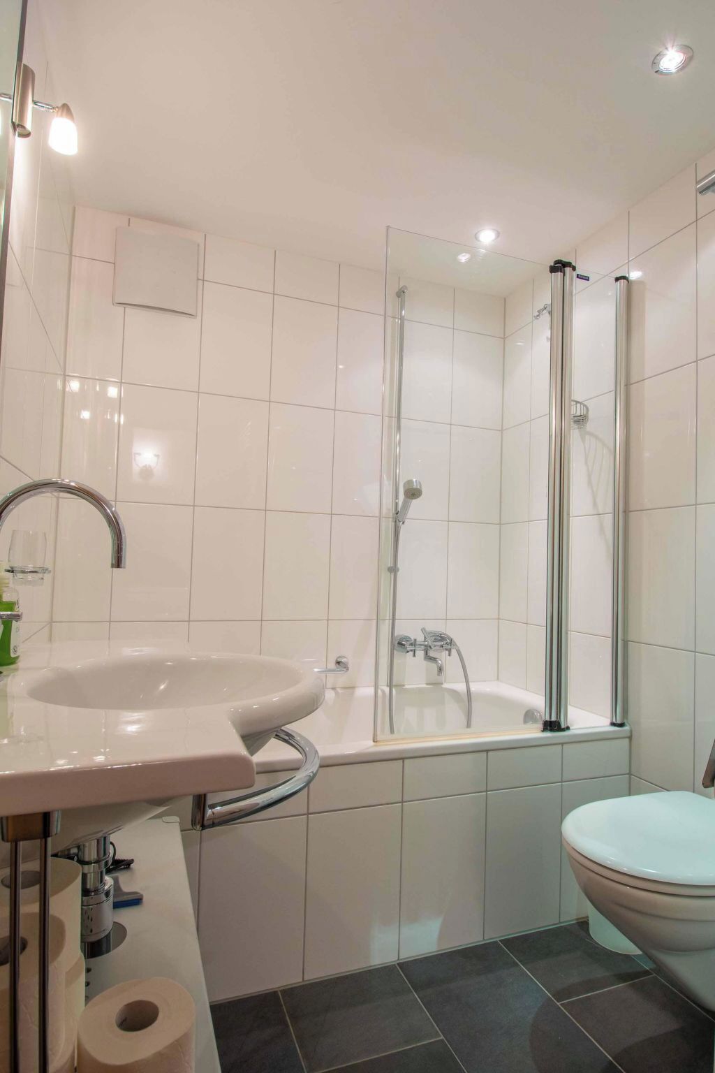 Une salle de bain moderne avec une douche à parois de verre, un lavabo blanc et des toilettes.
