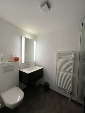 A modern bathroom with a toilet, sink, mirror, and a radiator. - Chalet Abrigo Appartement/Fewo, Bad, WC, 1 Schlafraum by Interhome (Adelboden)