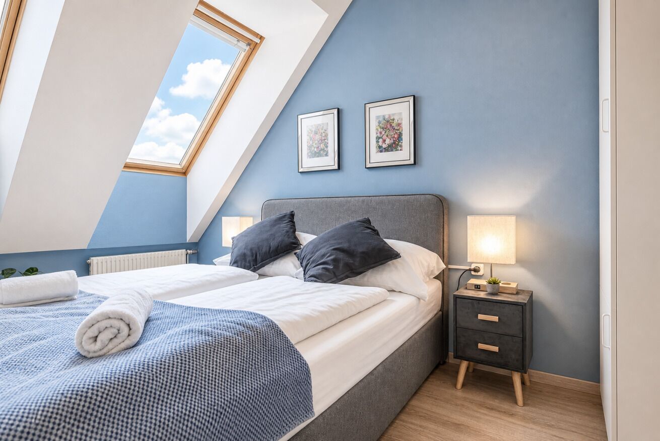 Une chambre à coucher avec un lit, une table de chevet, une lampe et deux tableaux encadrés accrochés au mur.