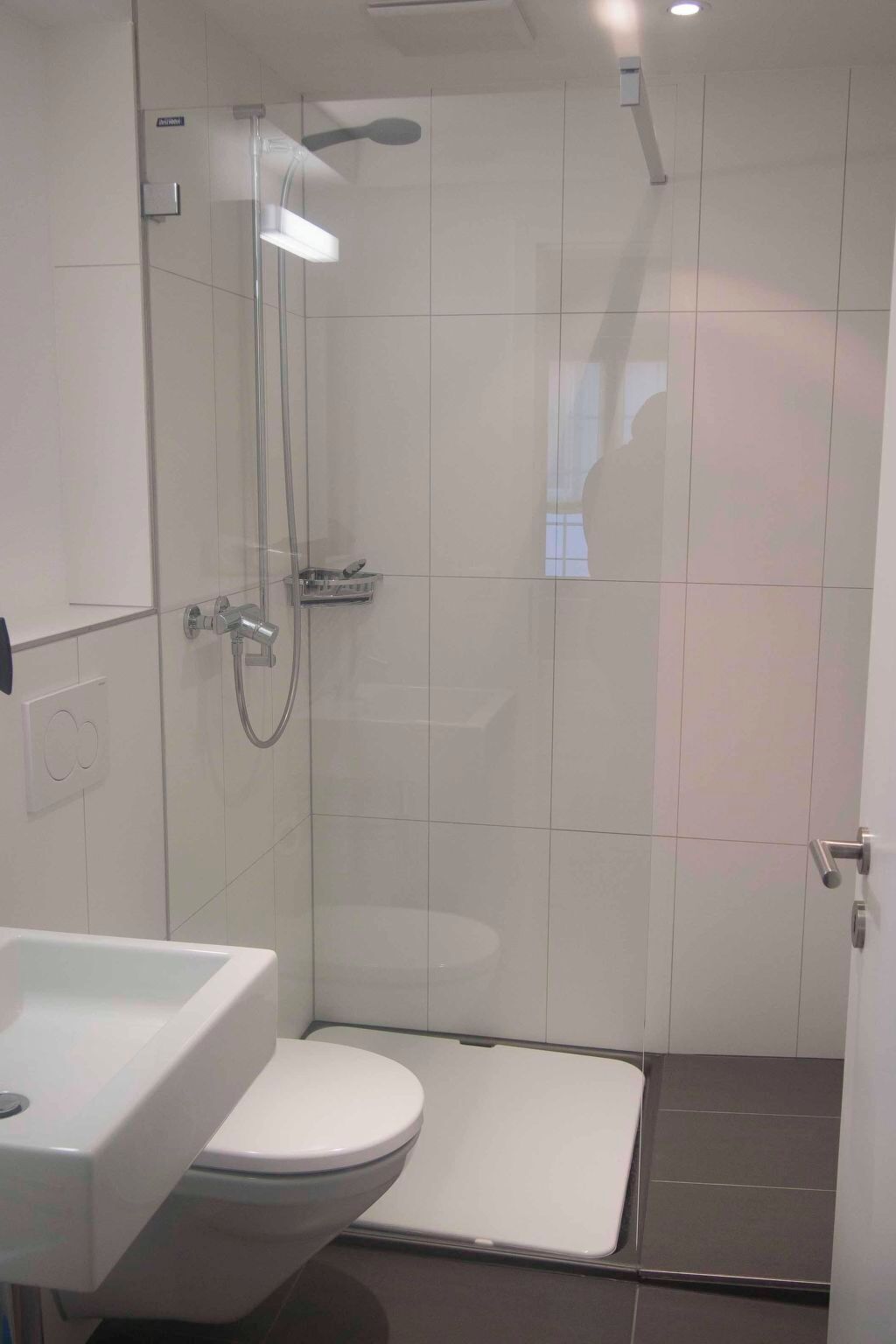 Een moderne badkamer met douche, toilet en wastafel.