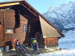 Eine Holzhütte mit geneigtem Dach, einem Fenster und einer Tür.