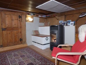 Ein gemütliches Zimmer mit Kaminofen, einem roten Sessel und einem gemusterten Teppich.