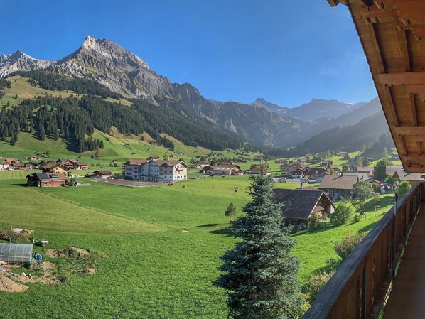 A rural village with houses, a large building, and mountains in the background.