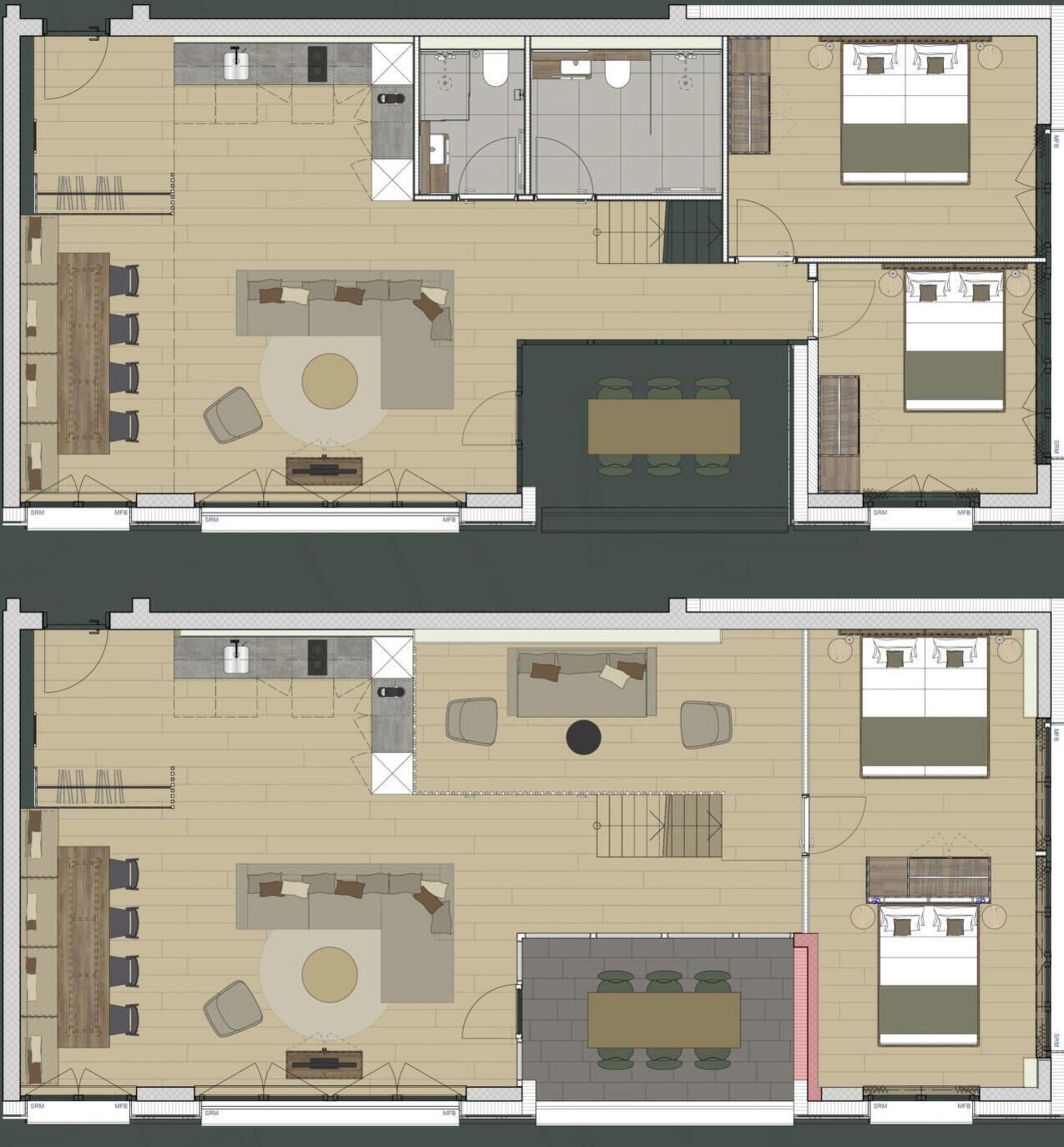 A hotel floor plan with multiple rooms, a central courtyard, and a dining area.