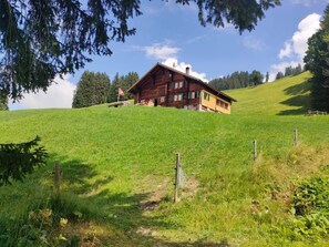 A wooden cabin on a grassy hill with a clear sky.