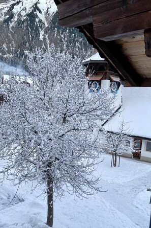 A snow-covered tree in front of a building with a wooden roof and a clock on the wall. - Chalet Bärgli Appartement/Fewo, Bad, WC Chalet Bärgli – Ferienwohnung Gemmi by Interhome (Kandersteg)