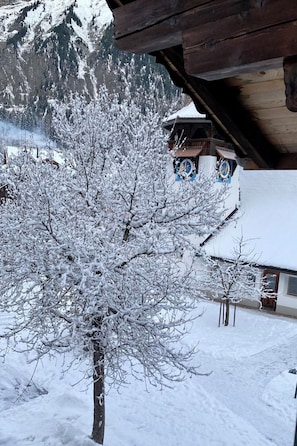 A snow-covered tree in front of a building with a wooden roof and a clock on the wall. - Chalet Bärgli Appartement/Fewo, Bad, WC Chalet Bärgli – Ferienwohnung Doldenhorn by Interhome (Kandersteg)
