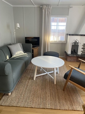 Ein Wohnzimmer mit Sofa, Couchtisch, Fernseher und Kamin.