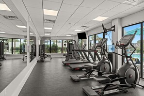 A gym with treadmills, weight machines, and a large window offering a view of the outdoors. - Beachfront 8th floor Great views! 4085 BS1 (Miramar Beach)