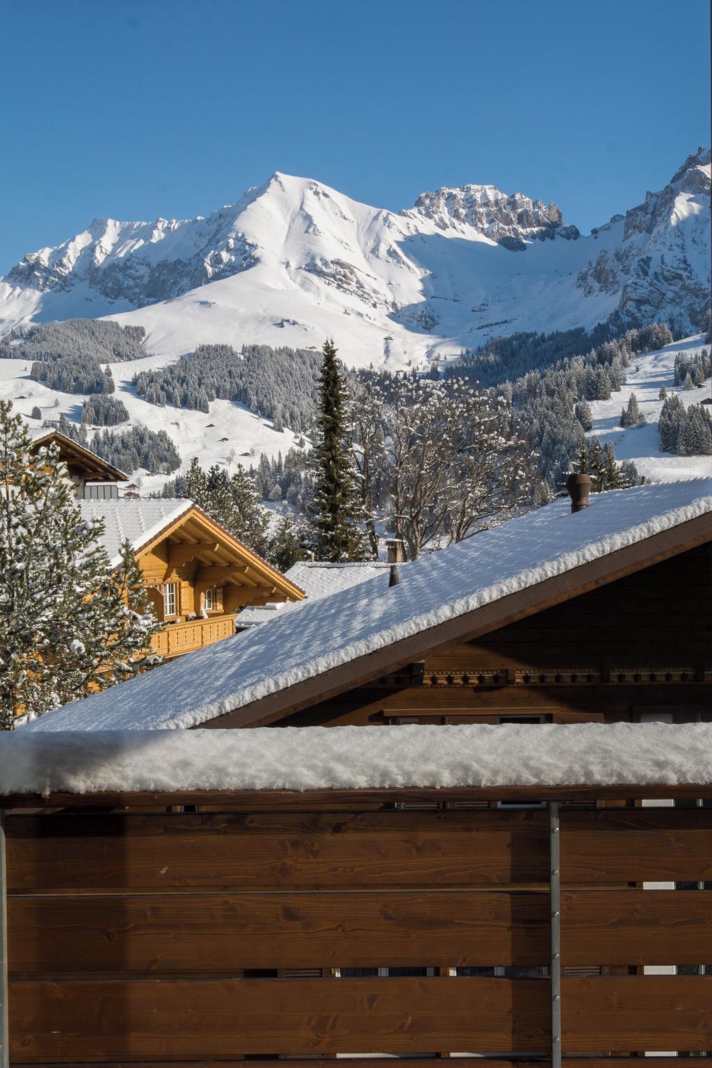 A wooden chalet with a sloped roof, surrounded by snow-covered trees and mountains in the background.