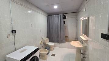 Regadera, secadora de cabello, bidet, toallas