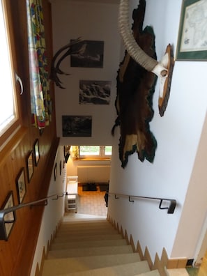 Eine Treppe mit Geländer, Holzwänden und verschiedenen Wandbildern.