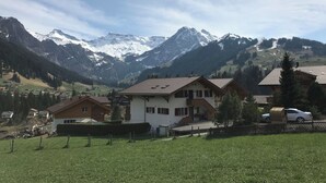 Een bergdorpszicht met traditionele huizen, een heldere lucht en besneeuwde bergtoppen op de achtergrond.
