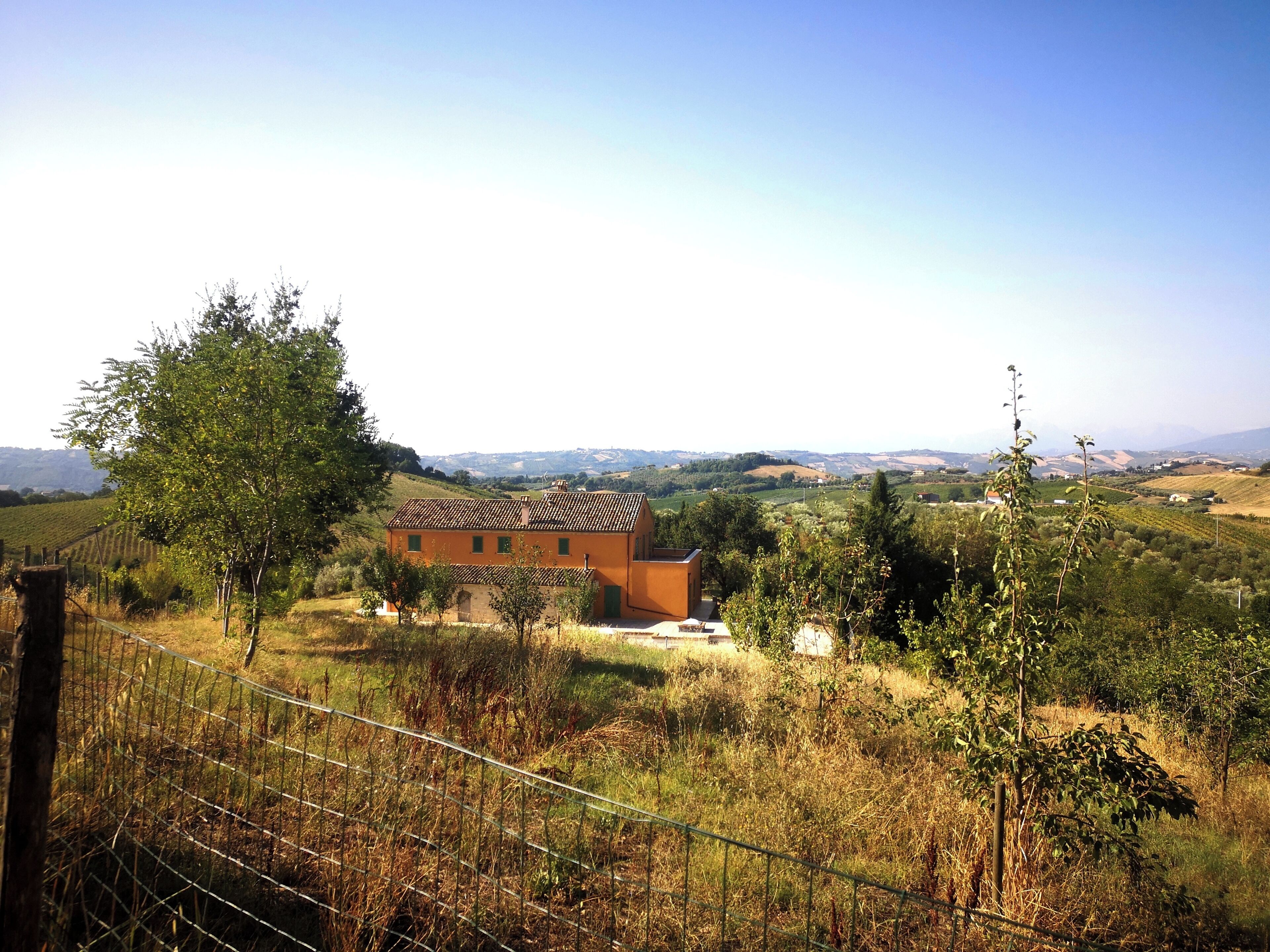 Una casa rurale con tetto a falde, circondata da un terreno recintato e rigogliosa vegetazione.