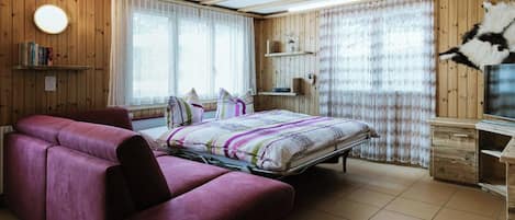 A bedroom with a bed, a sofa, a TV, and wooden walls.