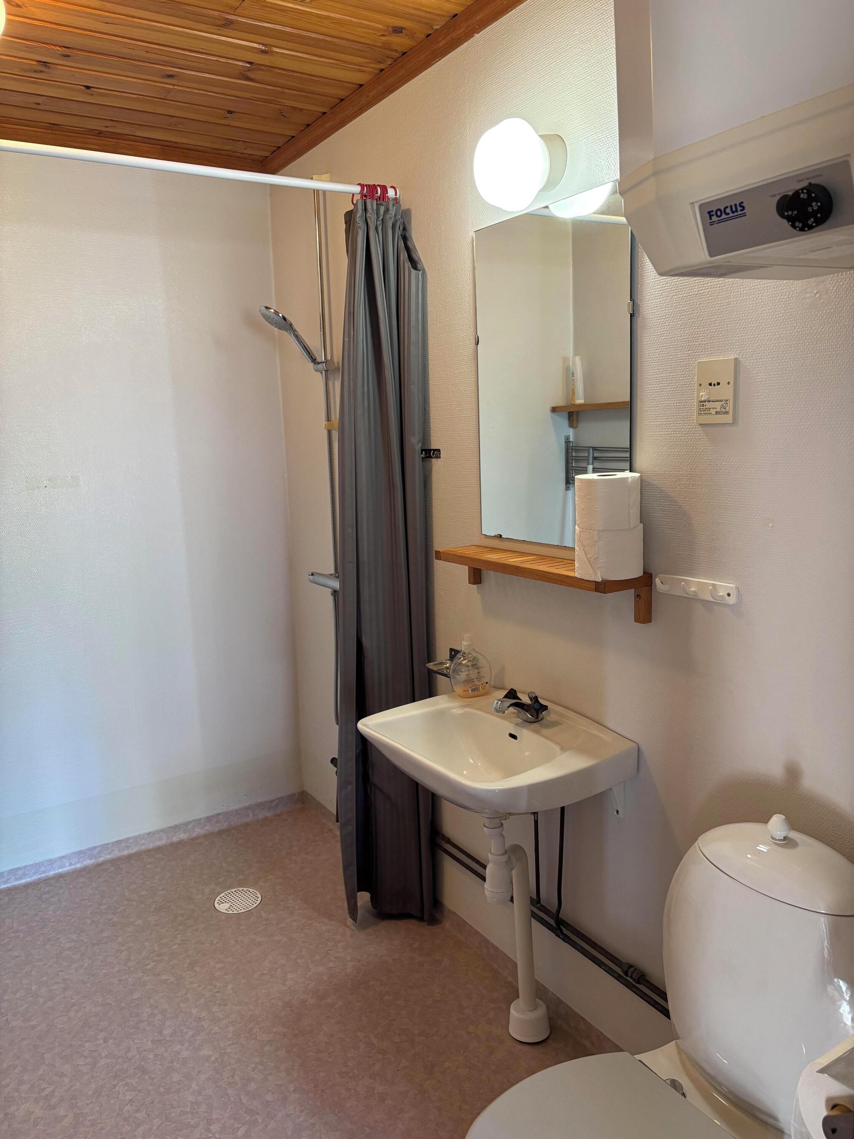 A bathroom with a shower curtain, a sink, a toilet, a mirror, and a light fixture.