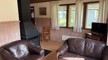 A living room with a fireplace, leather sofas, a television, and windows with curtains.