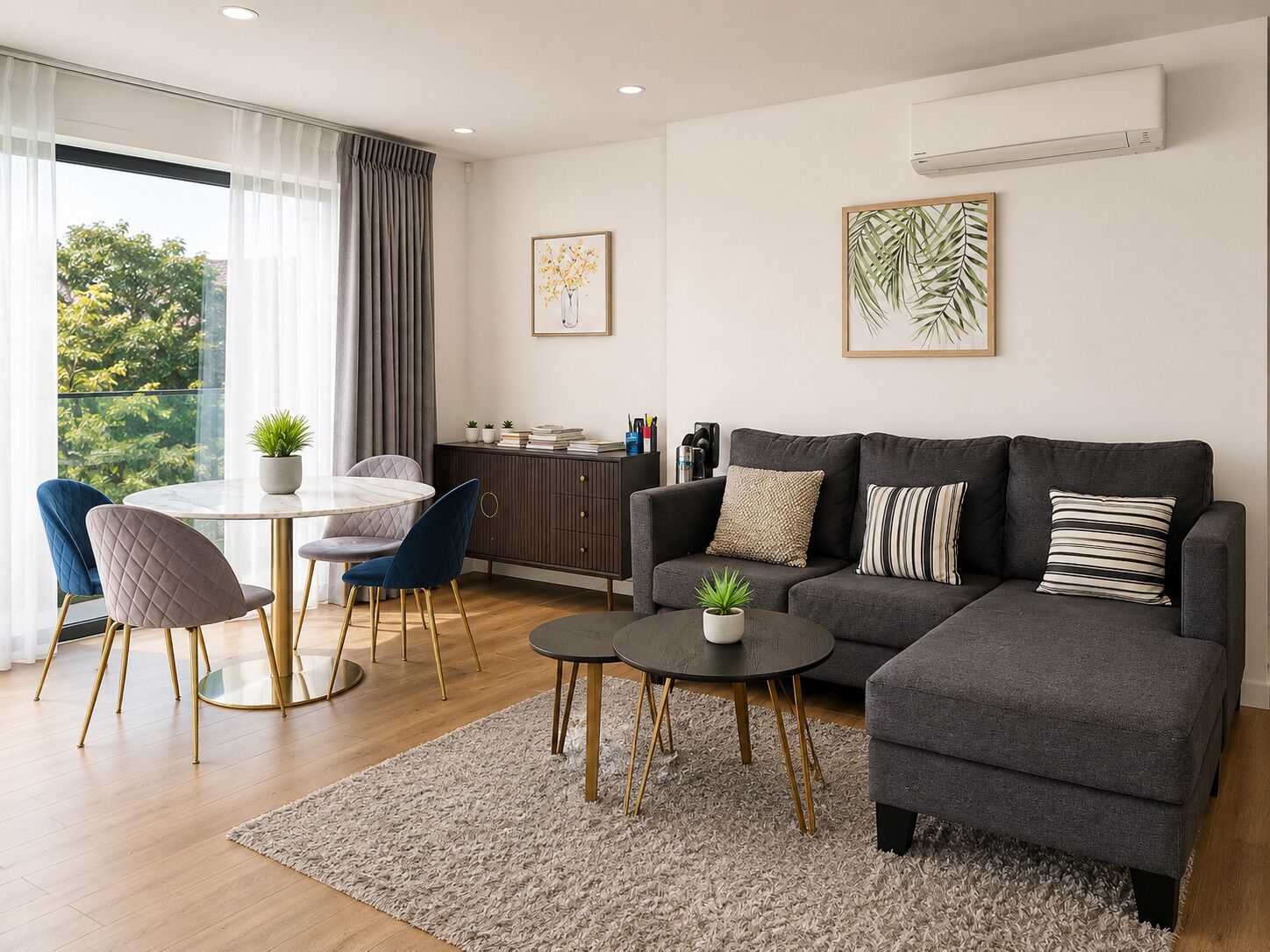 A modern living room with a grey sofa, two armchairs, a round coffee table, and a dining area with a white table and blue chairs.